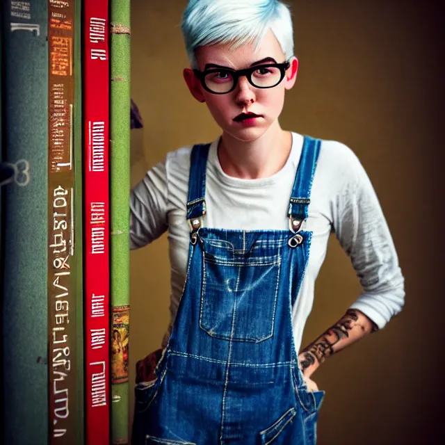 Image similar to full body pose, beautiful adult book fairy, pixar, short white hair shaved sides, dirty, grungy, grunge, long sleeve, painted overalls, stacks of giant books, highly detailed, 4 k, hdr, smooth, sharp focus, high resolution, award - winning photo, artgerm, photorealistic