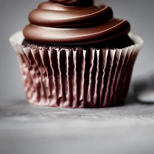 Prompt: extremely delicious looking photo of cupcake, expensive restaurant top quality product, most perfect chocolate on the world, small manufacture, unique style, 8 k, product photography, professional studio photography