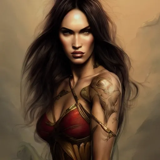 Image similar to portrait of megan fox, muscular upper body, fantasy, intricate, elegant, highly detailed, digital painting, artstation, concept art, matte, sharp focus, illustration, art by aenaluck and roberto ferri and greg rutkowski, epic fantasy, digital painting