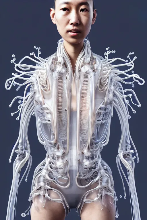 Image similar to young asian woman, iris van herpen, beautiful face, perfect symmetrical body, full body shot, inflateble shapes, wires, tubes, veins, jellyfish, white biomechanical details, wearing epic bionic cyborg implants, masterpiece, intricate, biopunk, vogue, highly detailed, artstation, concept art, cyberpunk, octane render