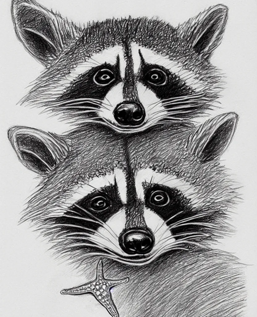 Image similar to detailed pencil sketch of a raccoon holding up and looking at a starfish, children's book