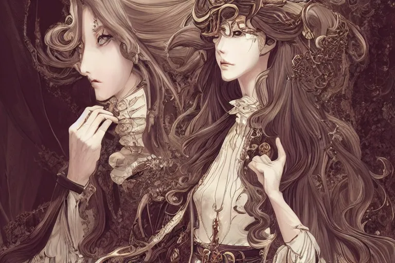 Image similar to baroque style, elegant, long hair concept art, fancy clothing, fancy room interior, highly detailed, artstation, behance, deviantart, inspired by innocent manga, inspired by castlevania concept art, trending, ayami kojima, shinichi sakamoto