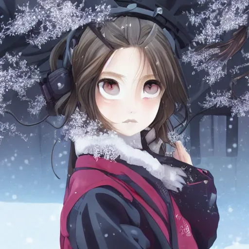 Image similar to a portrait of a techwear hakama princess, beautiful and detailed eyes, with snow forest and cherry blossoms in the background, by kyoto animation, dramatic lighting, manga cover, highly detailed, incredible quality, trending on artstation