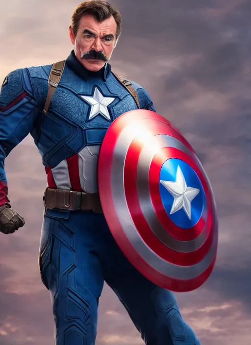 Prompt: film still of tom selleck as captain america in avengers endgame, 4 k