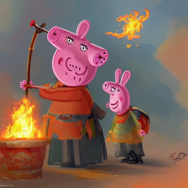 Prompt: peppa pig as a firebender, portrait, elegant, intricate, digital painting, artstation, concept art, smooth, sharp focus, illustration, art by konstantin korovin and daniel f. gerhartz and john howe