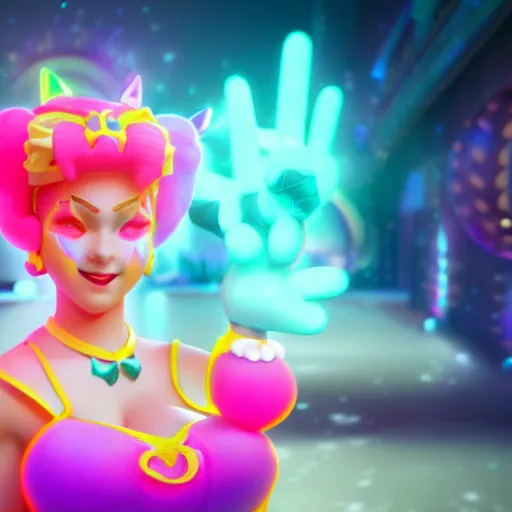 Image similar to Princess peach mixed with jinx from league of legends, dancing, background with neon lighting, fullshot, raytrayced, octane render, epic composition, intricate details, hyperrealist, by Joe Benitez, WLOP, Alessandro Barbucci, Barbara Canepa