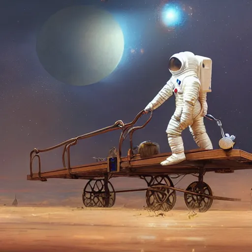 Image similar to аn anthropomorphic astronaut horse is being driven by a man on a cart, hyperrealism, no blur, 4 k resolution, ultra detailed, style of ron cobb, adolf hiremy - hirschl, syd mead, ismail inceoglu, rene margitte