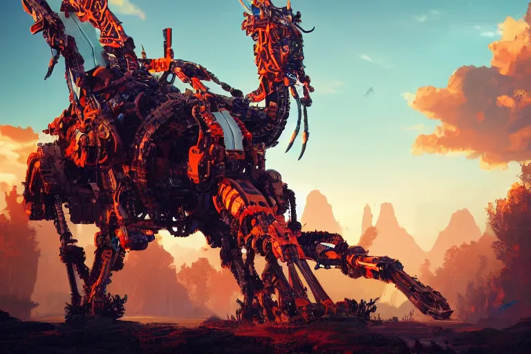 Image similar to fireclaw machine mecanical creature robot of horizon forbidden west horizon zero dawn bioluminiscence global illumination ray tracing hdr fanart arstation by ian pesty and alena aenami artworks in 4 k