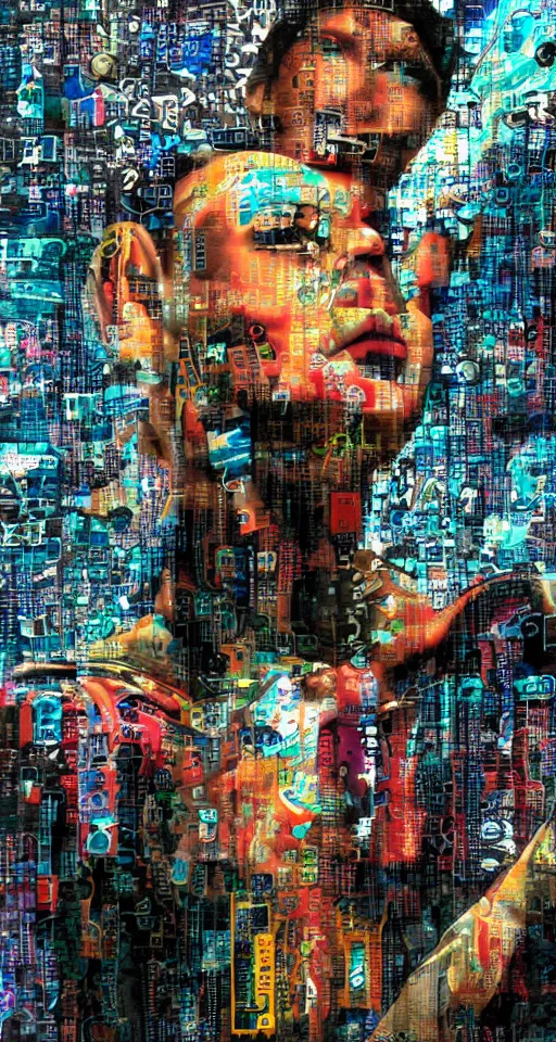 Prompt: Portrait of a Cyborg Queen, cyberpunk city back drop, Matrix Code Sky, collage art, mixed media, hypermaximalist, photo realistic, 8k