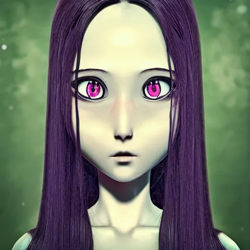 Image similar to Manga cover portrait of an extremely cute and adorable beautiful Samara horror girl from The Ring (2002), 3d render diorama by Hayao Miyazaki, official Studio Ghibli still, color graflex macro photograph, Pixiv, DAZ Studio 3D