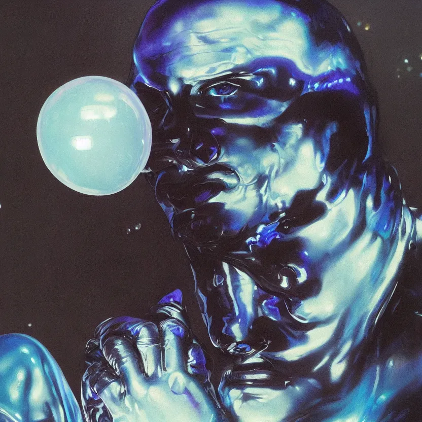 Prompt: a neoclassicist close - up portrait of a blue man with glowing brain cloaked in silk with glowing bubbles and iridescent and reflective alien technology. foggy black background with dark puffy glowing clouds. highly detailed science fiction painting by norman rockwell, frank frazetta, syd mead and moebius. rich colors, high contrast, gloomy atmosphere, dark background. trending on artstation.