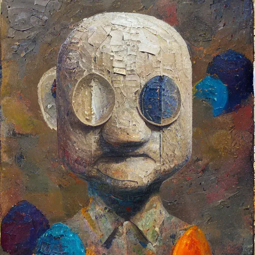 Image similar to a detailed impasto painting by shaun tan and colin frangicetto of an abstract forgotten sculpture by the caretaker and ivan seal