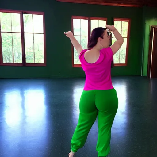 Image similar to a back behind photo of thicc princess Fiona wearing a green sweatpants, and green shirt, dancing