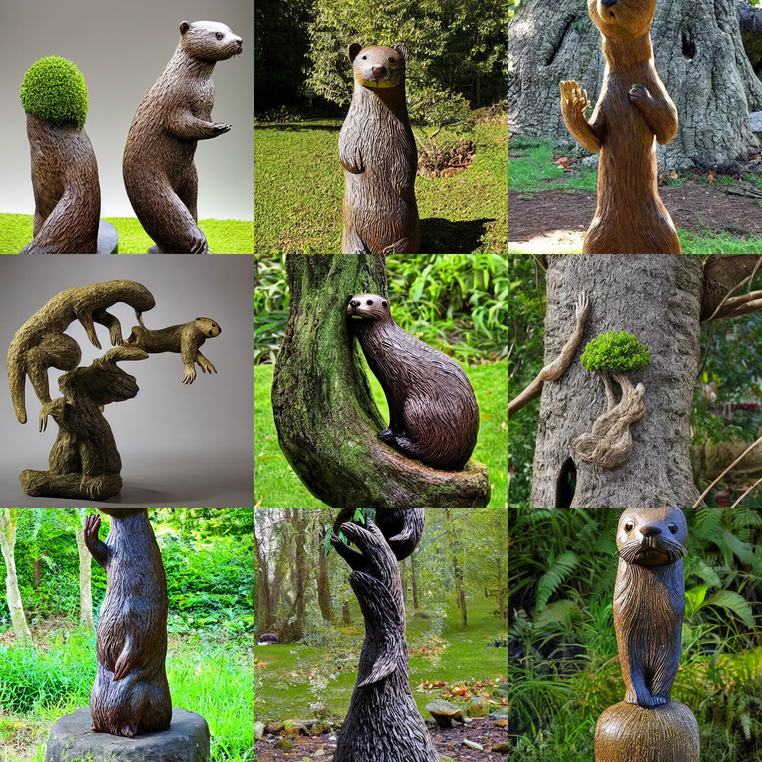 Prompt: a tree sculpture of an otter, animal - shaped plants, plant sculpture, otter, photograph