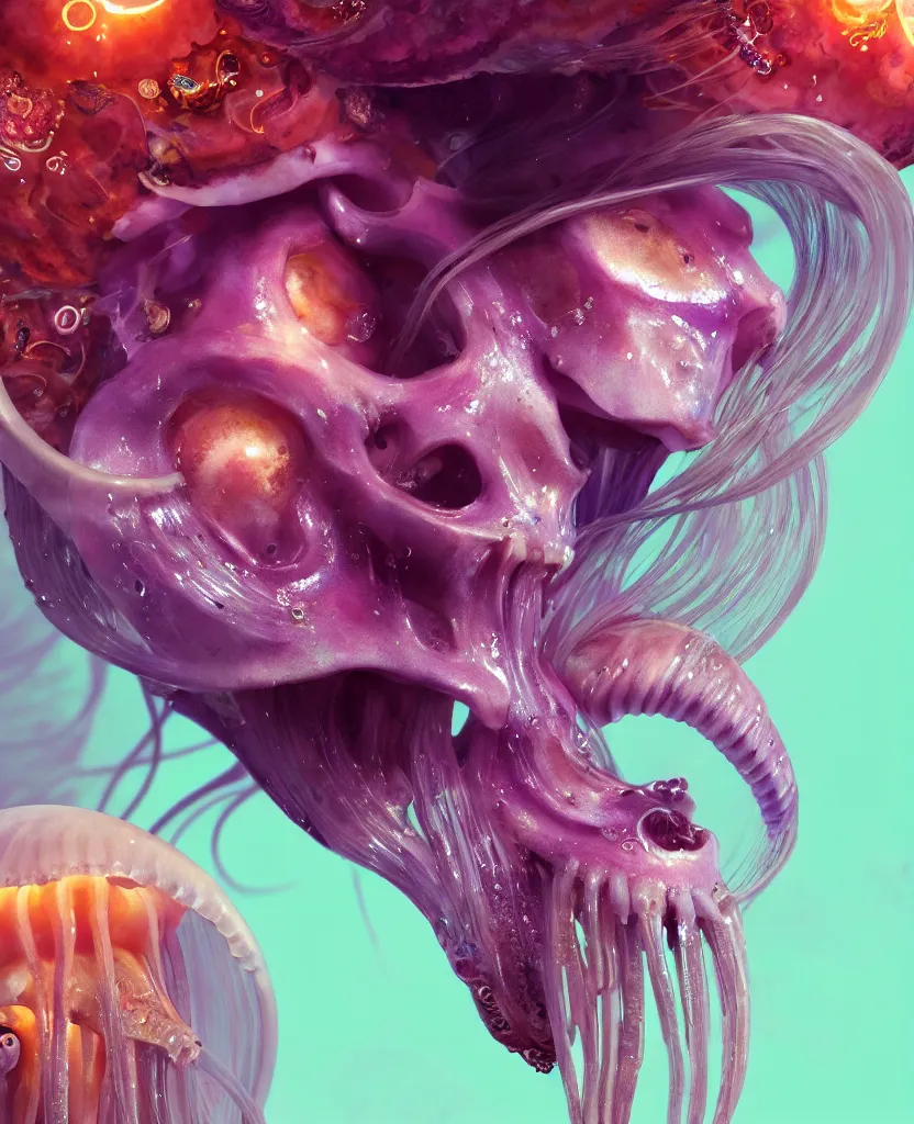 Image similar to goddess princess face close-up portrait ram skull. jellyfish phoenix head, nautilus, orchid, skull, betta fish, bioluminiscent creatures, intricate artwork by Tooth Wu and wlop and beeple. octane render, trending on artstation, greg rutkowski very coherent symmetrical artwork. cinematic, hyper realism, high detail, octane render, 8k