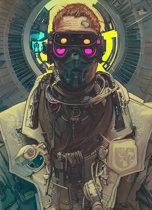 Prompt: cyberpunk tech bro. portrait by ashley wood and alphonse mucha and laurie greasley and josan gonzalez and james gurney. spliner cell, apex legends, rb 6 s, hl 2, d & d, cyberpunk 2 0 7 7. realistic face. vivid color. dystopian setting.