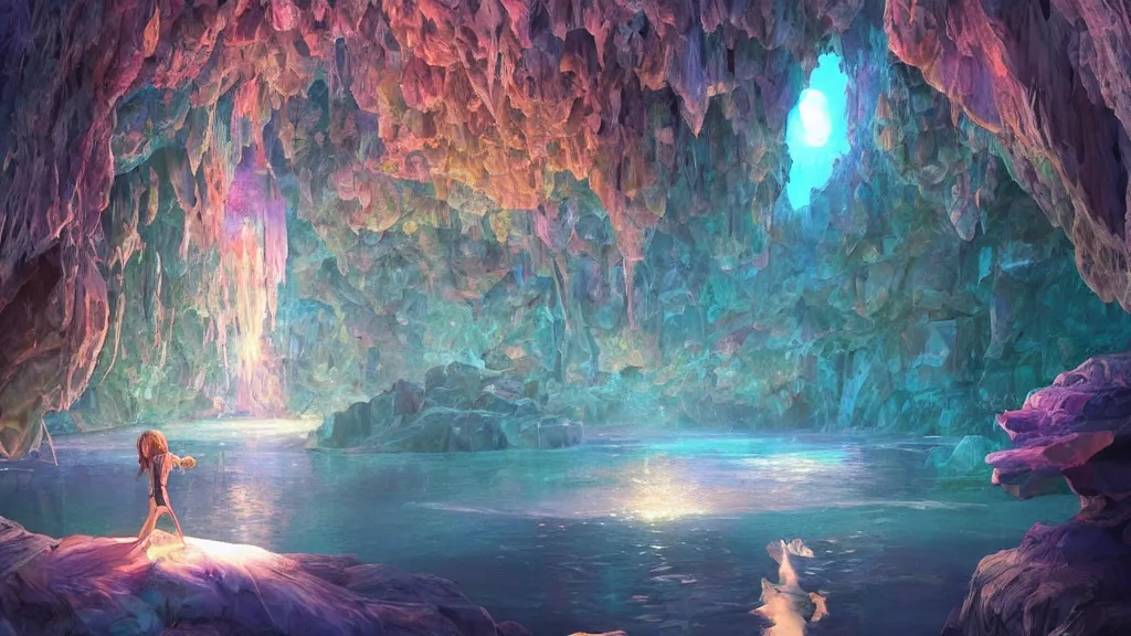 Image similar to inside a magical cave full of intricate crystal with rainbow colors, there was a lake, filled by the light of a beautiful silver moon, and over it was the sky, dynamic lighting, cinematic lighting, lit by moonlight, by makoto makoto, krenz cushart and ilya kuvshinov and artgerm, unreal engine, featured on artstation, ultrawide angle