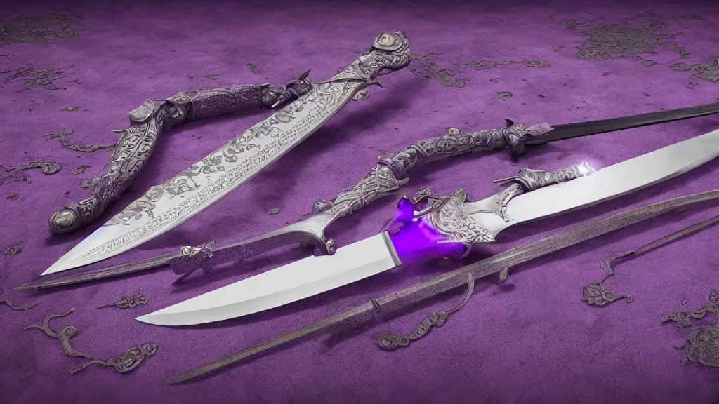 Image similar to medieval broad sword, purple aura, purple inscription on blade, intrinsic design, hyper detailed, 4 k, 8 k, octane render