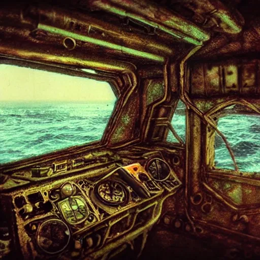 Prompt: shipwrecked soviet submarine interior, polaroid, cinematic Eastman 5384 film, dark fantasy, intricate, smooth, artstation