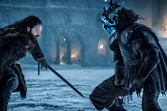 Prompt: very very intricate photorealistic photo of jon snow fighting the night king, photo is in focus with detailed atmospheric lighting, award - winning details