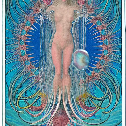 Image similar to tarot card intricate of ocean goddess by Ernst Haeckel,coral,pearls,jellyfish,vivid color