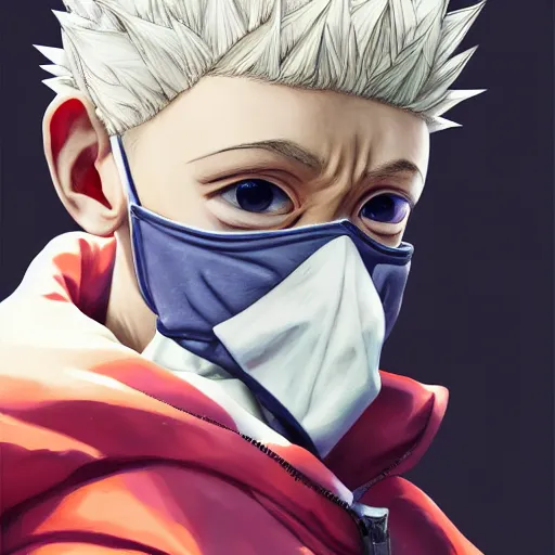 Image similar to realistic killua zoldyck with mask, techwear, streetwear, cyberpunk style outfit, greg rutkowski, artgerm, ross tran, takato yomamoto, wlop, ilya kuvshinov, intricate complexity, detailed portrait, 4 k, cinematic lighting, artstation, sharp focus, smooth, hd, hdr, award winning, octane render