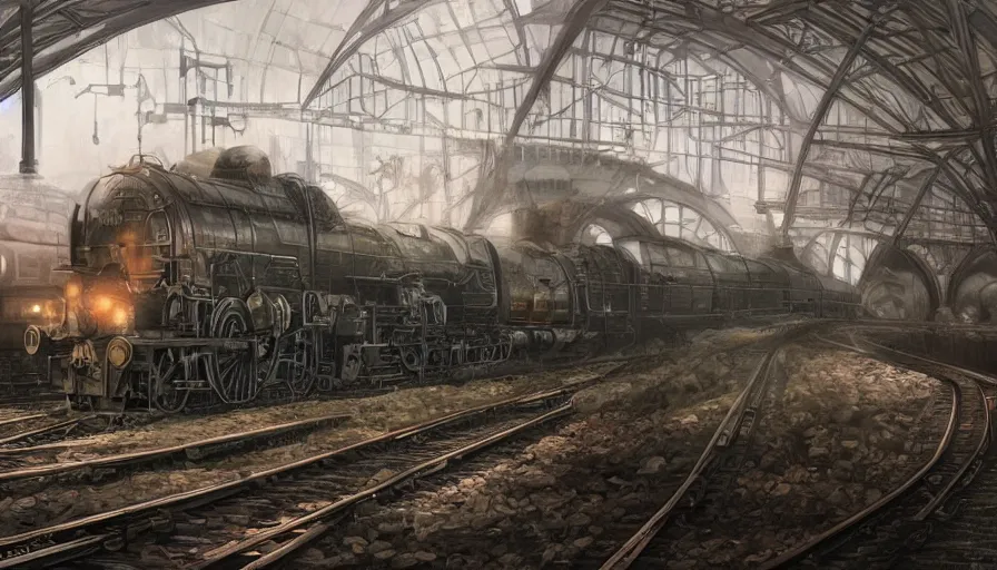 Prompt: Dieselpunk railway station, anamorphic lens, steam, epic composition, diesel trains, intricate, elegant, volumetric lighting, digital painting, highly detailed, artstation, sharp focus, illustration, concept art, ruan jia, steve mccurry