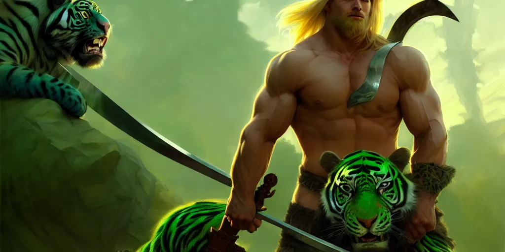 Image similar to a blonde haired muscular barbarian with a sword and a green tiger, cinematic, volumetric moody lighting, highly detailed, digital painting, artstation, concept art, matte, sharp focus, illustration, art by artgerm and greg rutkowski and alphonse mucha