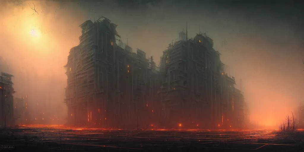 Image similar to ruins of a modern city at dusk, overgrown, cracked roads with weeds, glowing fungus, misty, glowing horizon, fireflies, ultra high definition, ultra detailed, symmetry, sci - fi, dark fantasy, by greg rutkowski and ross tran