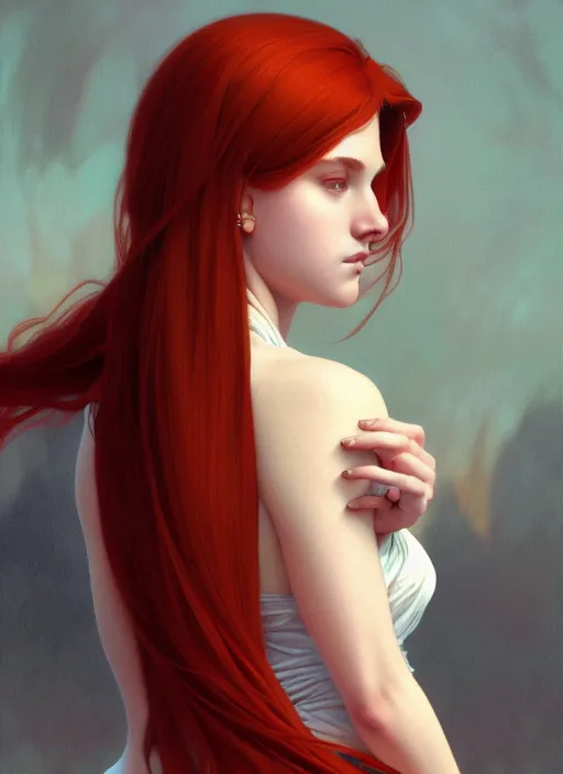 Prompt: a full body fashion photography of a girl focused over chessboard, red hair, intricate, elegant, clearly visible face, highly detailed, digital painting, artstation, concept art, smooth, sharp focus, illustration, art by artgerm and greg rutkowski and alphonse mucha, 8 k