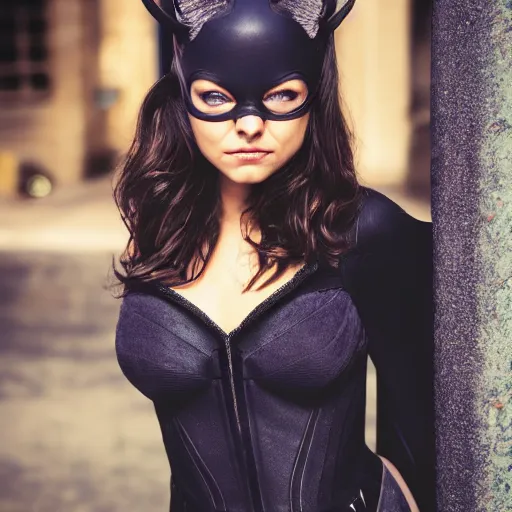 Prompt: Mila Kunis as Catwoman, XF IQ4, 150MP, 50mm, F1.4, ISO 200, 1/160s, natural light, photoshopped, lightroom, enhanced