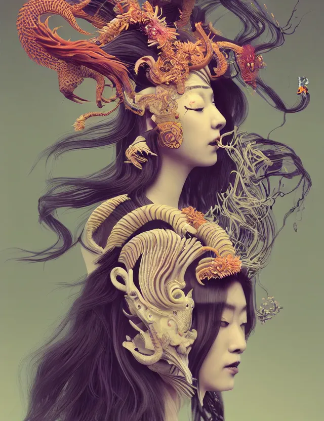 Image similar to 3 d slvic goddess half - turn portrait with long hair with ram skull. beautiful intricately detailed japanese crow kitsune mask and clasical japanese kimono. betta fish, jellyfish phoenix, bio luminescent, plasma, ice, water, wind, creature, artwork by tooth wu and wlop and beeple and greg rutkowski