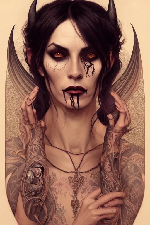 Image similar to portrait of a satanic witch, tattooed face, upper body, decorated, intricate, elegant, highly detailed, digital painting, artstation, concept art, smooth, sharp focus, illustration, art by artgerm and greg rutkowski and alphonse mucha, 8 k