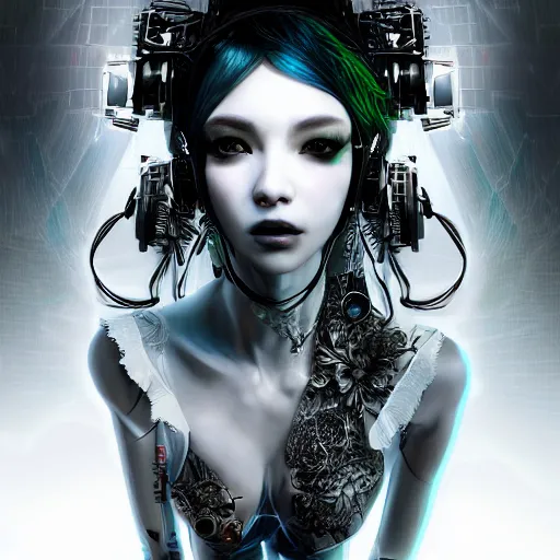 Prompt: the portrait of an absurdly beautiful, graceful, sophisticated, fashionable cyberpunk gravure idol, an ultrafine hyperdetailed illustration by kim jung gi, irakli nadar, hanna moon, intricate linework, neon colors, porcelain skin, unreal engine 5 highly rendered, global illumination, radiant light, detailed and intricate environment