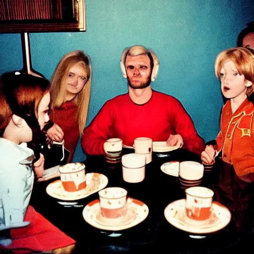 Prompt: alien at a soviet family dinner, 1 9 7 0 s photo, cinestill 8 0 0 t 3 5 mm, camera flash