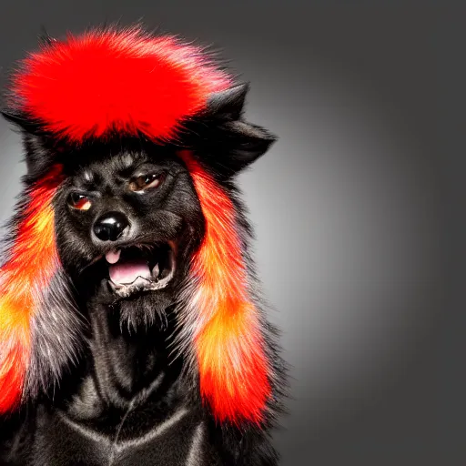 Image similar to anthro furry canine with black and red fur in a military outfit, 4 k, detailed, global illumination, chromatic aberration, studio lighting, strong pose