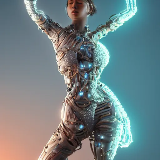 Prompt: woman full body, ethereal, biomechanical, cyberpunk, covered in gems / diamond, elegant posed intricate, extremy detailed andrew chiampo, frederik heyman, beeple, cgsociety, artstation. cinematic lighting, highly detailed 4 k art