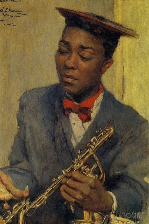 Prompt: charlie parker playing, colorful painting, by jules bastien - lepage, nikolay makovsky, 1 / 4 - headshot