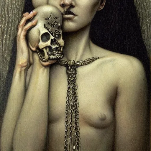 Image similar to a portrait of a mysterious death goddess with black eyes and a skull necklace, moody, dark, deep shadows, creepy, muted colors, highly detailed, intricate artwork, beautiful oil painting by Jean Delville