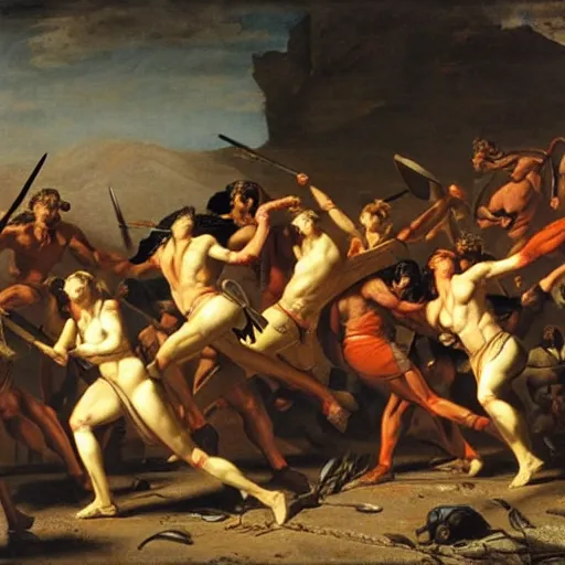 Image similar to muscular warrior women, spartan warrior women, women fighting men, muscular men, roman warrior men, clashing in bloody field, art by jacques - louis david