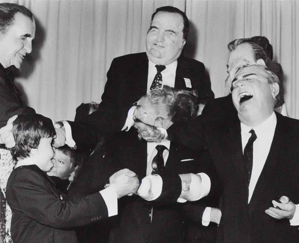 Prompt: Eric Cartman shaking hands with Richard Nixon, close-up photograph