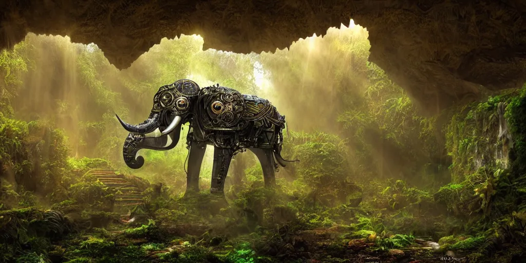 Image similar to magnificent mechanical steampunk elephant looking eerily into a cave entrance with lush vegetation and mystical (((glowing algae))) in the dawn, light coming through from holes in the ceiling, waterfalls, desaturated, creepy ambiance, dangerous, sharp focus, highly detailed, artgerm