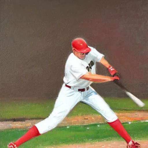 Image similar to Baseball player hitting the ball with the baseball bat in the middle of the game and in front of everyone in the stadium, James Gurney painting style
