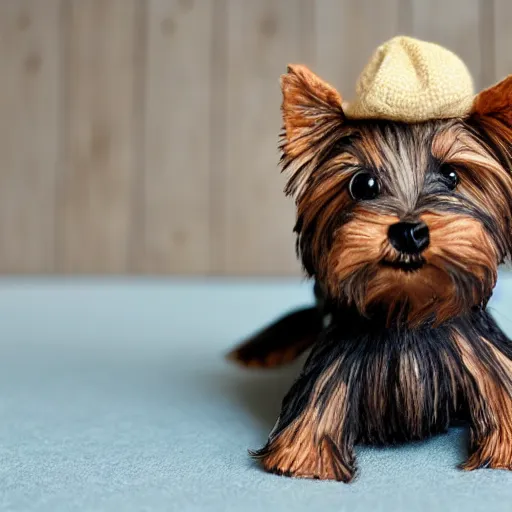 Image similar to a closeup photorealistic smiling knitted plush yorkshire terrier wearing a fedora hat.