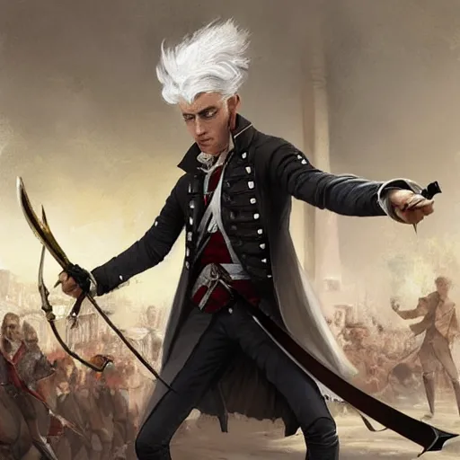 Image similar to a french gentleman with white hair with a rapier in a duel with a rogue blackman in the streets of a fantasy paris in french revolution, symmetric face, hyperrealism, epic fantasy digital art, fantasy style art, by Greg Rutkowski, fantasy hearthstone card art style