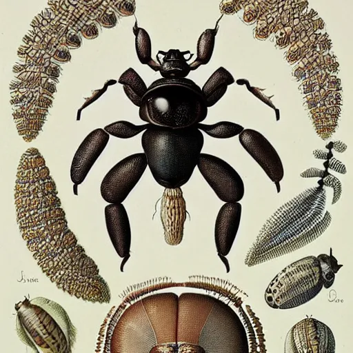 Prompt: a geotrupidae ( earth - boring dung beetle ) on a white background, an illustration of by earnst haeckel from a book of german fauna from 1 8 5 8. trending on pinterest, cloisonnism, photoillustration, poster art