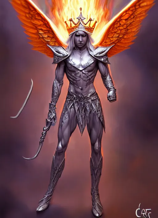 Prompt: aggressive winged androgenous queer silver elf with fire crown, d & d, muscular! crossfit, fitness, tech suit, tight wrinkled cloath, vivid color scheme, atmospheric perspective, fantasy, intricate, elegant, highly detailed, digital painting, artstation, concept art, smooth, sharp focus, illustration, art by craig davison and jesper ejsing