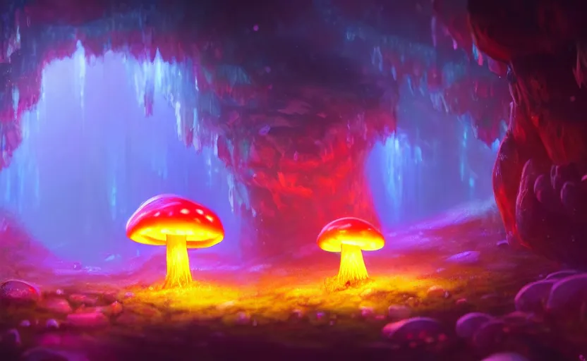 Image similar to a blurry ambient glowing mushroom in the distance of a giant cave, crystals, dynamic lighting, ambient lighting, atmospherical, photorealistic fantasy concept art, trending on art station, stunning visuals, creative, cinematic, ultra detailed