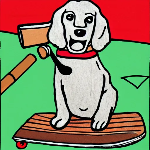 Image similar to an mspaint drawing of a dog riding a skateboard while smoking a cigar