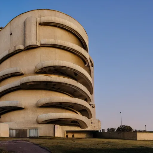 Image similar to a wide shot of a sci - fi beautiful brutalist monumental building, with many rounded elements sprouting from the base tower creating a feel of an organic structure, photography shot at golden hour